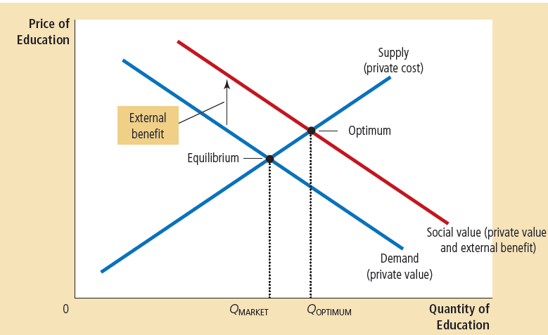 Price of Education 0 External benefit Equilibrium QMARKET Supply
(private cost) Optimum Social value (private value and external
benefit) Demand (private value) QOPTIMUM Quantity of Education
