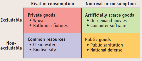 Excludable Non- excludable Rival in consumption Private goods Wheat •
Bathroom fixtures Common resources • Clean water • Biodiversity Nonrival
in consumption Artificially scarce goods • On-demand movies • Computer
software Public goods • Public sanitation • National defense
