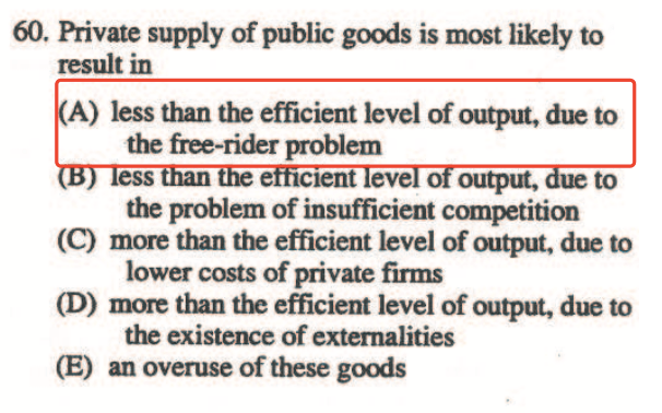 60. Private supply of public goods is most likely to result in A)
  less than the efficient level of output, due to the free-rider Iroblem
  tent ev output, to the problem of insufficient competition (C) more
  than the emcient level of output, to lower costs of private firms (D)
  more than the efficient level of output, due to the existence of
  extemalities (E) an overuse of these goods 