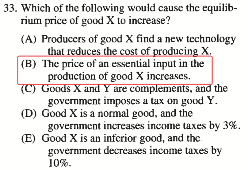 33. Which of the following would cause the equilib- rium price of
  good X to increase? (A) Producers of good X find a new technology that
  reduces the cost of oducin X. (B) The price of an essential input in
  the production of good X increases. o s an are comp ements, an the
  government imposes a tax on good Y. (D) Good X is a normal good, and
  the government increases income taxes by 3%. (E) Good X is an inferior
  good, and the government decreases income taxes by 10%.
  
