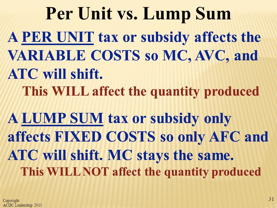 Per Unit vs. Lump Sum A PER UNIT tax or subsidy affects the VARIABLE
COSTS so MC, AVC, and ATC will shift. This WILL affect the quantity
produced A LUMP SUM tax or subsidy only affects FIXED COSTS so only
AFC and ATC will shift. MC stays the same. This WILL NOT affect the
quantity produced 31 Copyri ght ACDC Leadership 201 S
