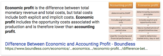 profil profit Economic profit is the difference between total
monetary revenue and total costs, but total costs include both
explicit and implicit costs. Economic profit includes the opportunity
costs associated with production and is therefore lower than
accounting profit. Difference Between Economic and Accounting Profit -
Boundless 