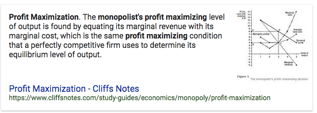 Profit Maximization. The monopolist's profit maximizing level of
  output is found by equating its marginal revenue with its marginal
  cost, which is the same profit maximizing condition that a perfectly
  competitive firm uses to determine its equilibrium level of output.
  Profit Maximization - Cliffs Notes
  https:mwww.cliffsnotes.com/study-guides/economics/monopoly/profit-maximization
  