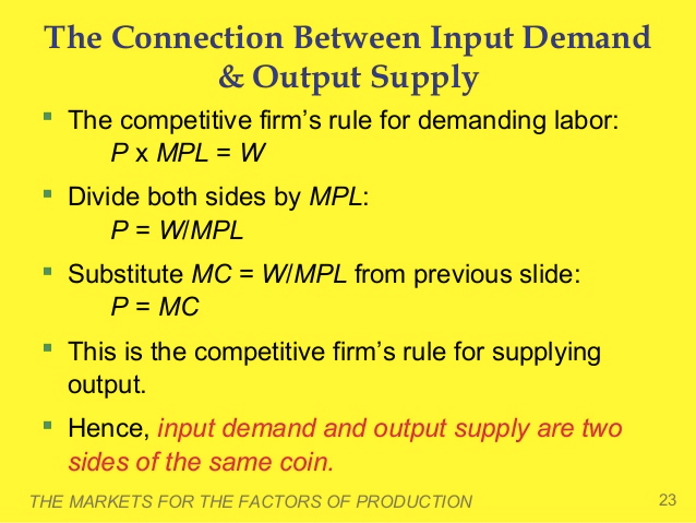 The Connection Between Input Demand & Output Supply The competitive
firm's rule for demanding labor: PxMPL=W Divide both sides by MPL: p =
W/ MPL Substitute MC = WIMPL from previous slide: p = MC This is the
competitive firm's rule for supplying output. Hence, input demand and
output supply are two sides of the same coin. THE MARKETS FOR THE
FACTORS OF PRODUCTION 23 