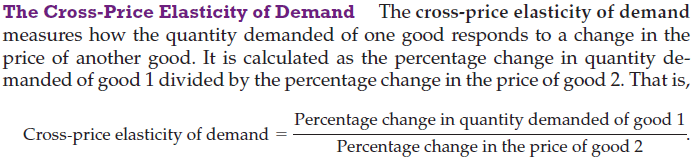 The Cross-Price Elasticity of Demand The cross-price elasticity of
  demand measures how the quantity demanded of one good responds to a
  change in the price of another good. It is calculated as the
  percentage change in quantity de- manded of good 1 divided by the
  percentage change in the price of good 2. That is, Percentage change
  in quantity demanded of good 1 Cross-price elasticity of demand =
  Percentage change in the price of good 2 